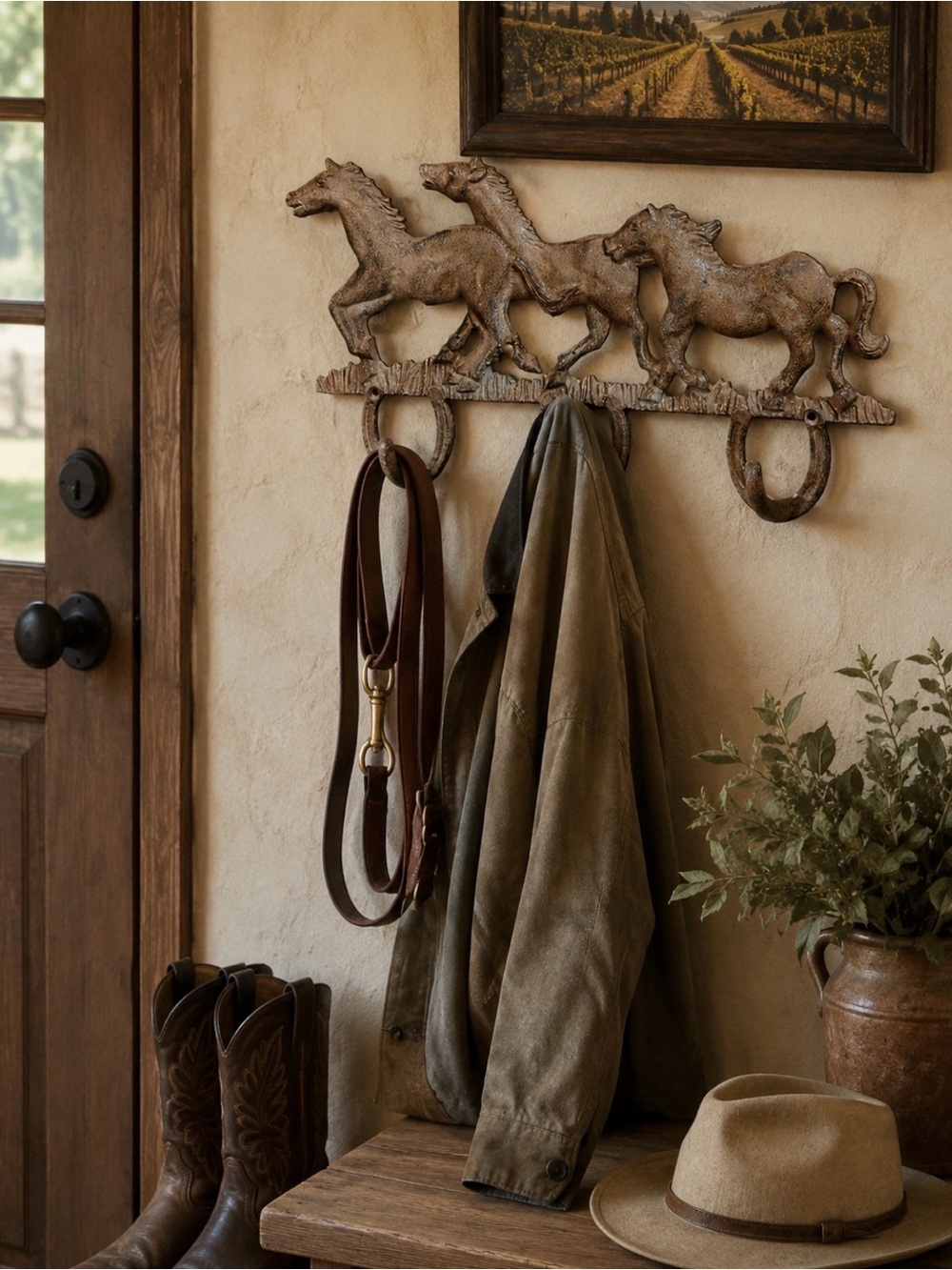 Cast iron wild horses wall with three hooks